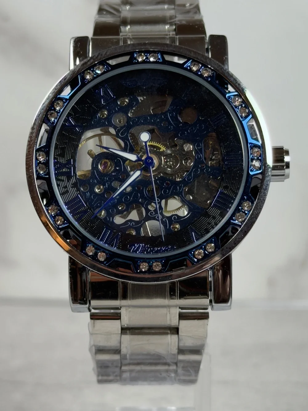 Mechanical Automatic Skeleton Dial Watch Blue Bezel Steel Bracelet 40mm 24J